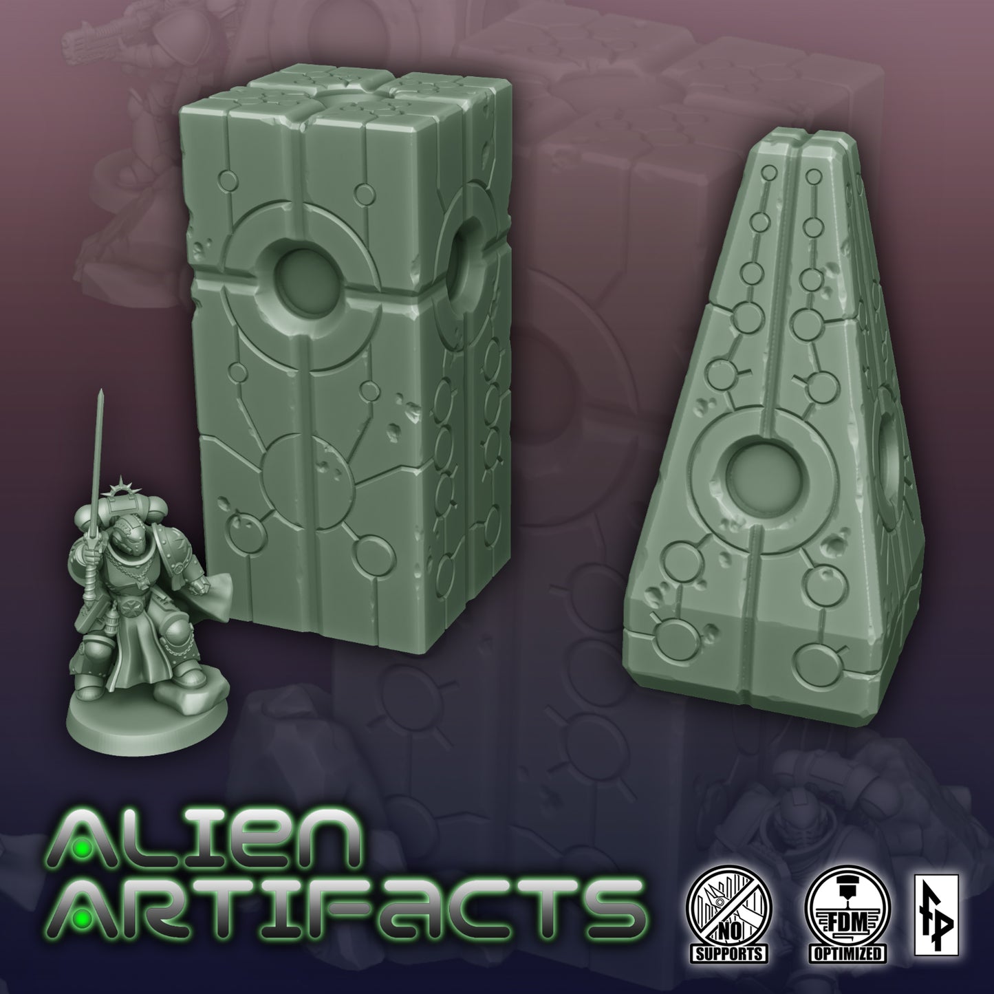 Alien Artifacts - Obelisks suitable for LEDs | Modular Tabletop Terrain Scenery | Forbidden Prints